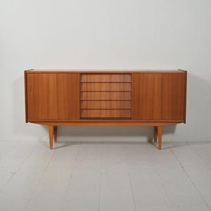 Refinished Teak Sideboard with Tambour Drawers on Tapered Legs