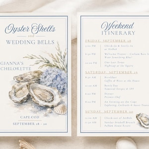 Plantilla de invitación e itinerario para despedida de soltera con diseño de conchas de ostras