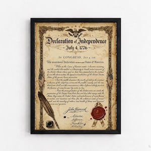 May include: A framed print of the Declaration of Independence on aged parchment paper. The document features black text, an eagle emblem, two small American flags, a black quill pen, an inkwell, and a red wax seal with a ribbon at the bottom.