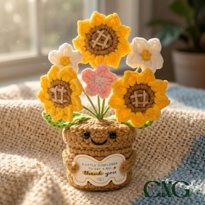 Gehäkelter bunter Blumentopf, handgemachtes bedeutungsvolles Geschenk mit Mitteilungskarte