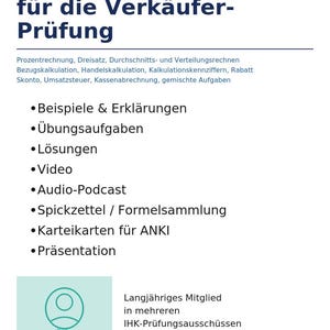 以下が含まれることがあります： 「Komplettes Rechentraining für die Verkäufer-Prüfung」と書かれた青い文字の白い本の表紙。表紙には、パーセンテージ、平均、会計などのトピックがリストされています。例、ビデオ、オーディオポッドキャストが含まれています。