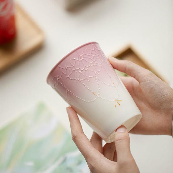 Japanese Style Ceramic Mug 330ml, Handmade Gradient Flower TeaCup 11.3cm Tall Coffee Mug Aesthetic Drinkware Cup, Best for Beverage