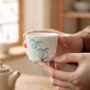 Iris-tekopp i japansk stil, handmålad tekopp i porslin, minimalistisk kaffekopp i keramik 95 ml, blommig tekopp, Wabi Sabi-teservisgåva
