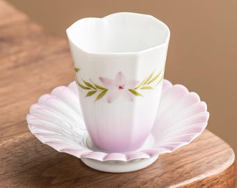 Japanese Flower Espresso Cup with Saucer Set, Hand Painted Ceramic Yunomi Coffee Mug, Gongfu Tea Cup, Floral Porcelain Teacup Gift Set