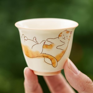 Japanese Style Ceramic Lucky Lazy Cat Tea Cup 1.3 oz, Cute Espresso Cup, Handmade Gongfu Tea Cup, Pottery Tea Bowl Drinkware, Tea Lover Gift