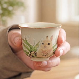 Japanese Ru Kiln Style Rabbit Tea Cup, Handmade Crackle Glaze Ceramic Gongfu Cup, Cute Bunny Porcelain Teacup, 1.3oz Tea Cup Gift