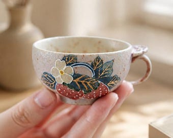 Handmade Strawberry Espresso Cup 2 oz, Japanese Style Ceramic Tea Cup, Demitasse Coffee Mug, Vintage Pottery Cup, Handmade Ceramic Gift