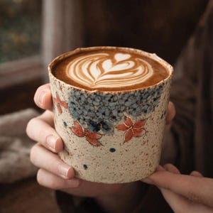 Puede incluir: Una taza de café de cerámica con un diseño floral, llena de un café con leche con un diseño de espuma en forma de corazón. La taza tiene una base beige moteada con detalles florales azules y rojos. La taza es sostenida por una persona.