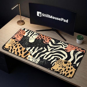 Tappetino da scrivania con stampa animalier Safari - Tappetino per mouse Boho leopardato zebrato - Tappetino per mouse XL esteso con patchwork estetico per ufficio e gaming