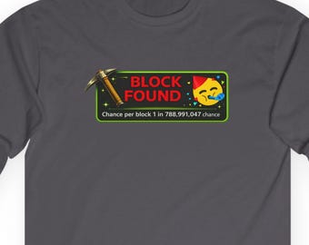Camiseta de manga comprida para mineração de criptomoedas com o logotipo "Block Found" - Camiseta para mineração solo de criptomoedas.