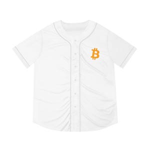 Könnte beinhalten: Weißes Baseball-Trikot mit einem orangefarbenen Bitcoin-Symbol auf der Brust. Das Trikot hat eine Knopfleiste, kurze Ärmel und eine graue Paspelierung. Der Stoff hat eine leichte Textur.