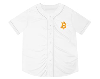 Camisa de beisebol com logo do Bitcoin | Emblema de criptomoeda, branca com botões