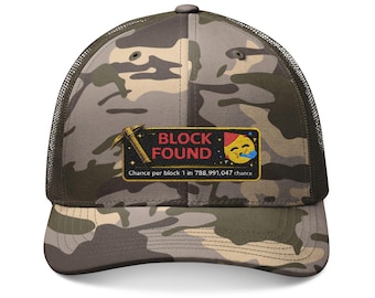 Boné Trucker Camuflado com Patch "Bloco Encontrado" de Mineração de Criptomoedas | Boné Camuflado Bordado