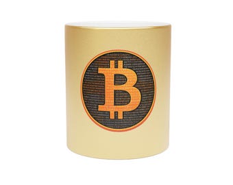 Caneca metálica dourada com o logotipo do Bitcoin | Caneca de café cripto Bitcoin Gold