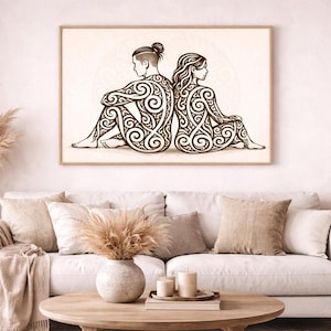 May include: A framed print featuring two figures seated back-to-back, adorned with intricate swirling patterns. The artwork is in shades of brown and beige, creating a warm and inviting aesthetic. The print is displayed above a white sofa in a living room setting.