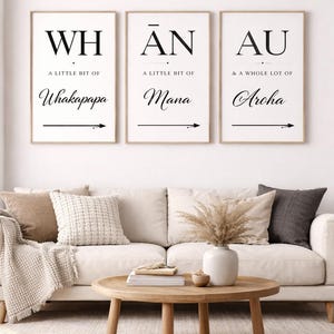 May include: Three framed wall art prints with black text on a white background. The prints read "WH A LITTLE BIT OF Whakapapa", "AN A LITTLE BIT OF Mana", and "AU & A WHOLE LOT OF Aroha". The prints are above a cream-colored sofa.