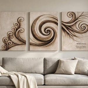 May include: A triptych wall art set featuring dark brown swirling, organic line patterns on a textured beige background. The right panel includes the text "WHĀNAU Where love begins and legacy grows" printed in a simple, dark brown sans-serif font.