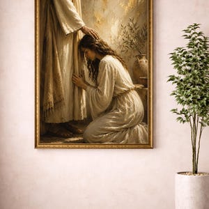 Stampa digitale Kintsugi, Gesù guarisce la donna, La donna tocca l'orlo della veste di Gesù, Dipinto cristiano (Download digitale)