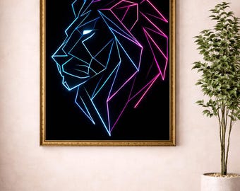 Neon Löwe, geometrischer Cyberpunk Kunstdruck (Digitaler Download)