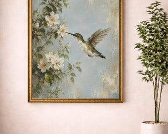 Väggkonst med vårmotiv från Cottagecore (digital nedladdning) | Vintage kolibritryck