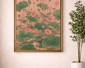 Asiatisk natur rosa blommig väggkonst, japansk lotus botanisk tryck, zen vintage ukiyoe poster