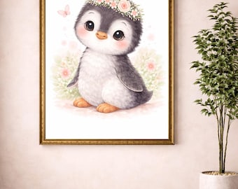 Baby Pinguin Blumen Aquarell Kunstdruck, Kinderzimmer Tier Poster (Digitaler Download)