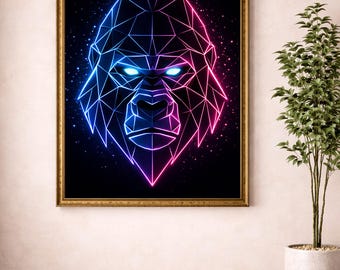 Neon geometrische Gorilla Wandkunst, Cyberpunk Tier Druck, futuristische Linie Kunst (digitaler Download)