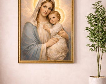 Madonna och barn religiös väggkonsttryck, katolsk dekor, Jungfru Maria canvaskonstverk