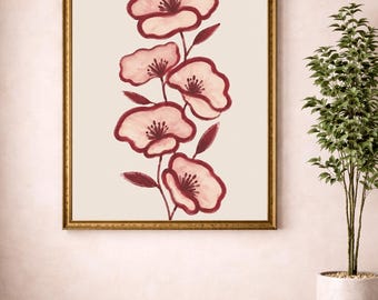 Abstrakt modern heminredning, minimalistisk poster med vinröda blommor, skandinavisk botanisk konst, väggkonst med rosa blommor, neutral botanisk inredning