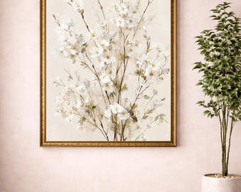 Neutral, lantlig, botanisk väggdekoration | Vintage vit blommig konsttryck | Digital nedladdning