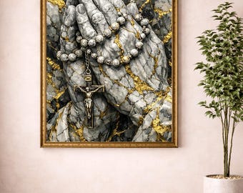 Betende Hände Rosenkranz Wandkunst, Marmor Gold Heilige katholische Druck (Digitaler Download)
