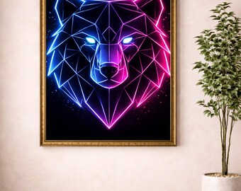 Neon Bär Geometrische Wand Kunst, Cyberpunk Tier Druck, futuristisches Dekor (Digitaler Download)