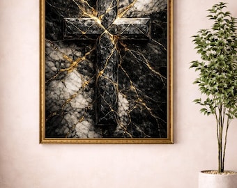 Schwarzer Marmor Kreuz Wandkunst, christlicher Glaube Poster, religiöses Dekor (Digitaler Download)