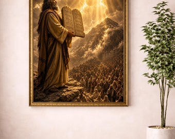 Moses tar emot de tio budorden väggkonst utskrivbar, biblisk konst digital nedladdning, kristen skrifttryck, gammaltestamentlig dekor