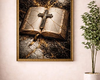 Bibel und Kreuz Wandkunst, Christliches Dekor, Religiöser Druck, Katholisches Kunstwerk, Heiliges Wohndekor
