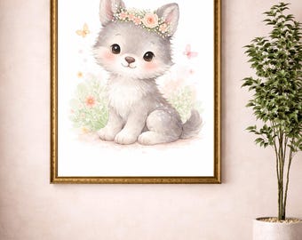 Woodland Wolf Kinderzimmer Druck, Aquarell Baby Tier Druck, Waldtier Dekor (digitaler Download)