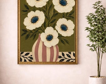 Vårbotanisk dekor, olivgröna och vita blommor i en vaskonst, modern fransk Cottagecore-heminredning, utskrivbar digital nedladdning av blommor