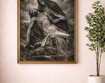 Pieta Wandkunst, Jungfrau Maria Jesus Poster, schwarzgoldene religiöse Kunst (Digitaler Download)