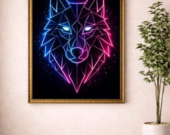 Neon Wolf Geometrisches Poster, Cyberpunk Tier Druck (Digitaler Download)