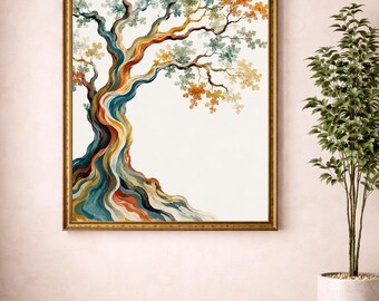 Färgglad naturposter, regnbågsträdväggkonsttryck, abstrakt botaniskt konstverk, livfull modern heminredning, modern trädillustration