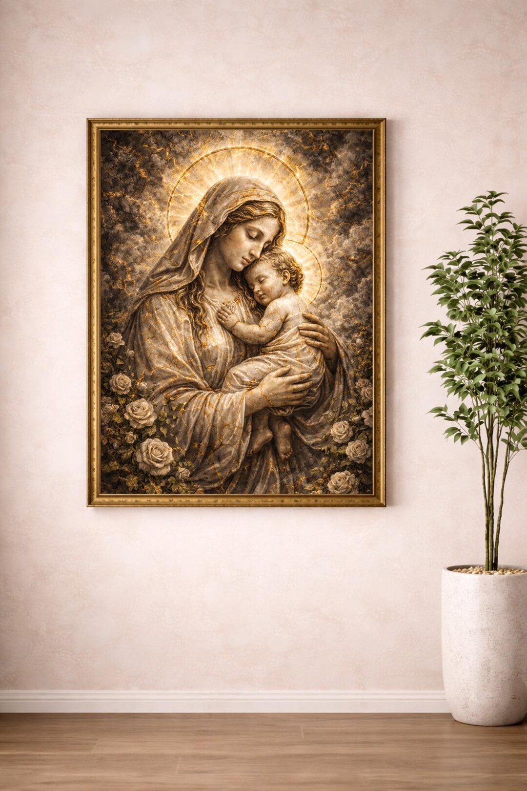 Madonna and Child Wall Art, Sacred Gold Marble Religious Print (digital ...