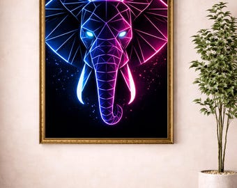 Neon Elefant Geometrische Wandkunst, Cyberpunk Tier Poster (Digitaler Download)