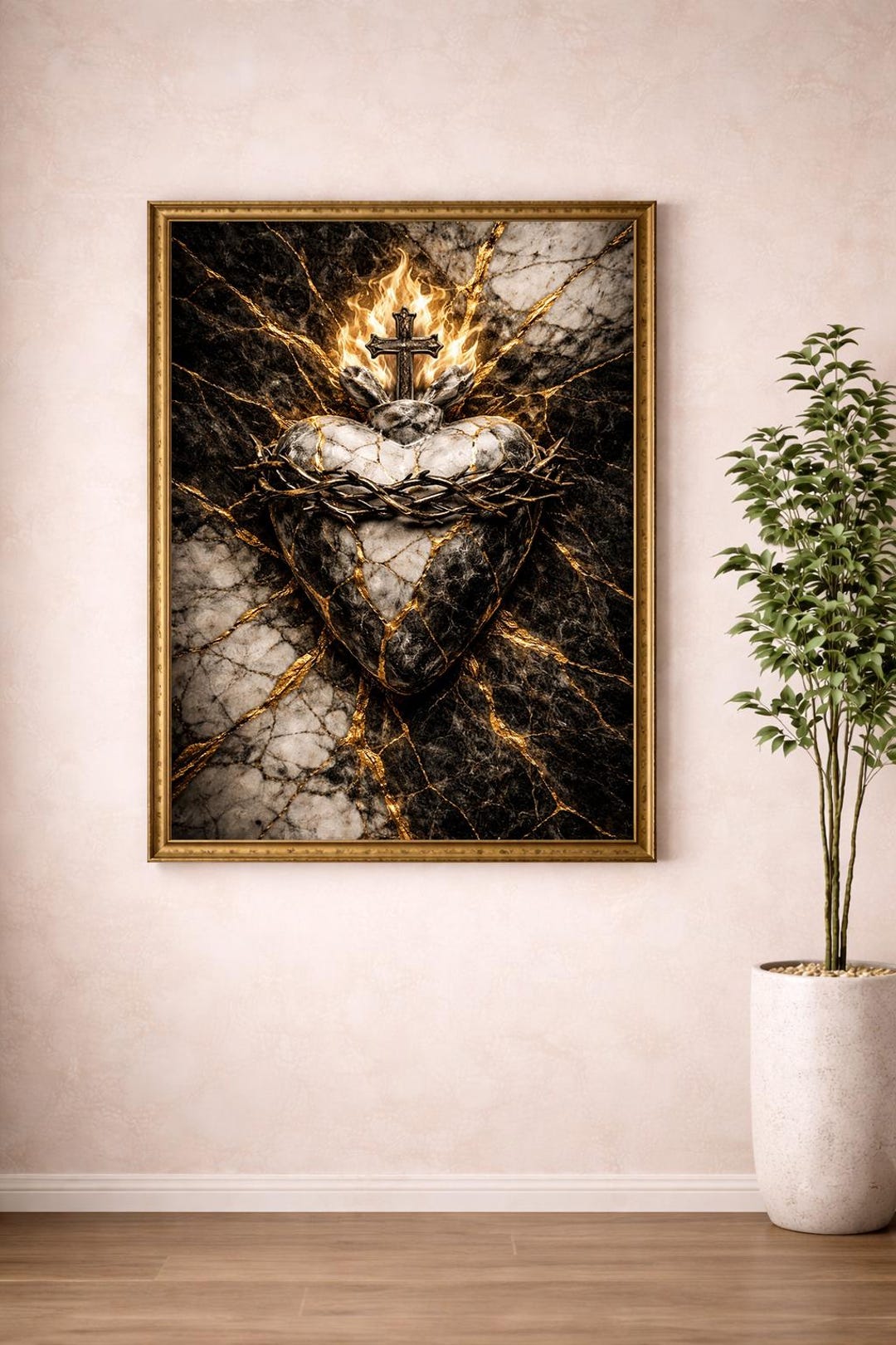 Sacred Heart of Jesus Wall Art, Marble Gold Faith Print (digital ...