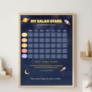 Rymdtema Salah Tracker för barn, islamisk bönebelöningstabell (digital nedladdning)