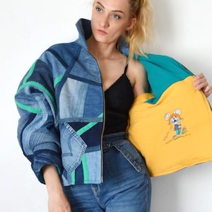 Upcycled Denim Patchwork Bomber Jacket – Geometric Streetwear, Fleece Lined, Sustainable Fashion