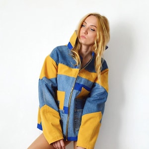Upcycled Denim Patchwork  Designer Jacket – Chunky Oversized Yellow Blue Color block Fleece Lined Streetwear