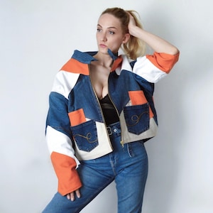 Återvunnen denimjacka i patchwork – Geometrisk färgblocksfärgad fleecefodrad streetwear