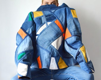 Upcycled Denim Patchwork Bomber Jacket, Multicolor Colorblock Streetwear Coat, Sustainable Fleece Lined