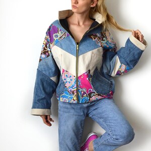 Jaqueta de patchwork em denim reciclado – Forro de lã, modelo oversized de designer.