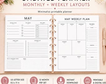 Undated Planner Printable, Weekly Planner PDF, Monthly Planner Inserts, Minimalist Planner, US Letter, Instant Download